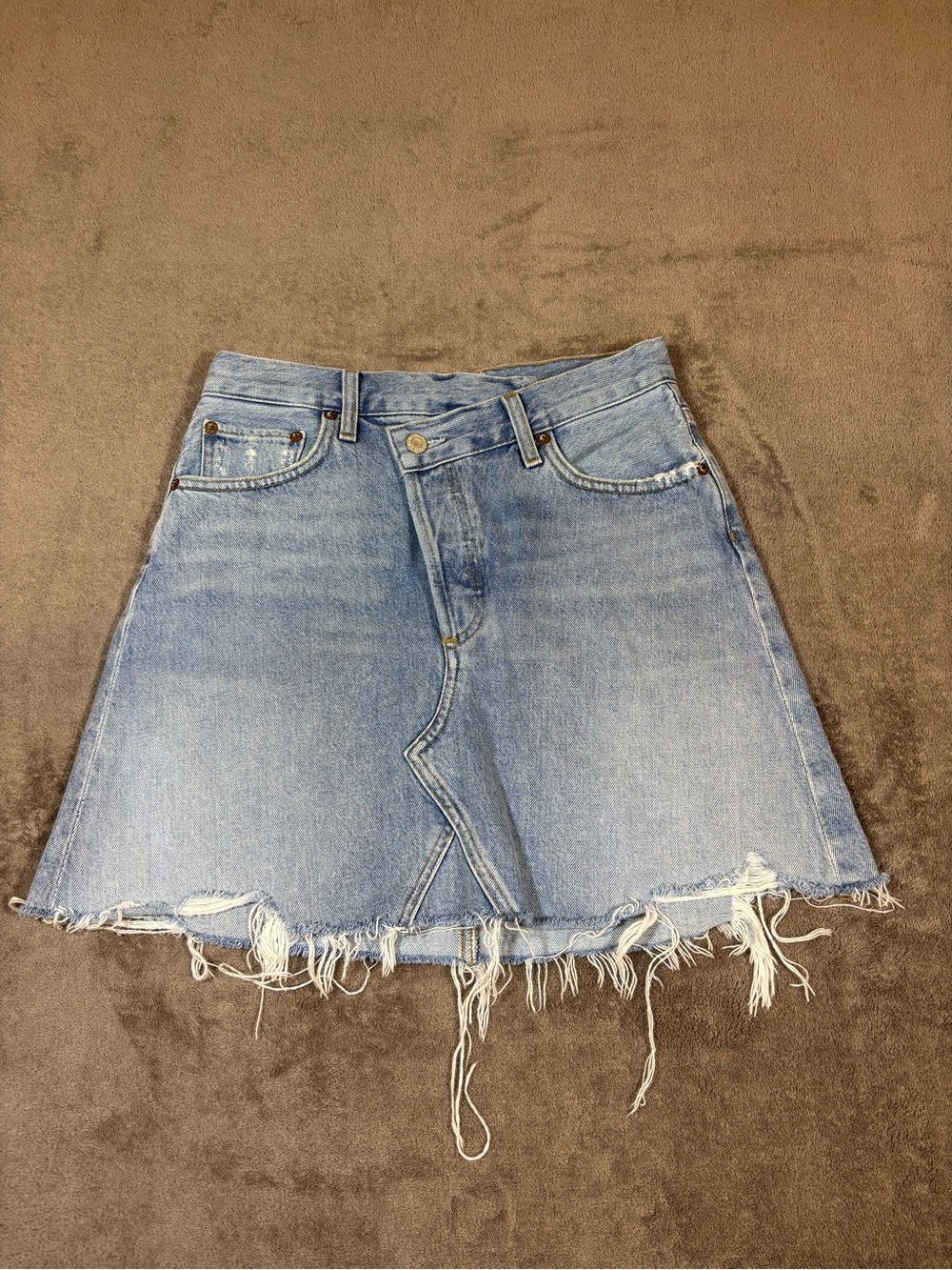 Agolde Criss Cross Light Blue Distressed Denim Skirt Button Fly Womens 25